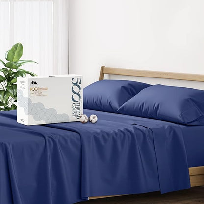 Mayfair Linen 500 Thread Count Split King Sheets Sets for Adjustable Bed - 5 PC Split King Size Bed Sheet Set Cotton (Navy Blue), Soft, Cooling, Sateen 16" Deep Pocket Bedsheet (Fits 18" Mattress)