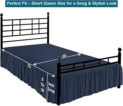 Shreem Linen Ruffled Bed Skirt with Split Corners, Gathered Style, 100% Microfiber, 30-Inch Drop, Dust Ruffle Bedskirt with Platform, Short Queen, Navy Blue