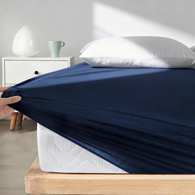 Twin Fitted Sheet Only, Super Soft & Cozy Twin Size Bed Sheets for Boys Kids with Deep Pocket to 14 Inch, Cooling Jersey Mattress Bottom Sheets,Shrinkage & Stain Resistant, Wrinkle Free, Navy Blue