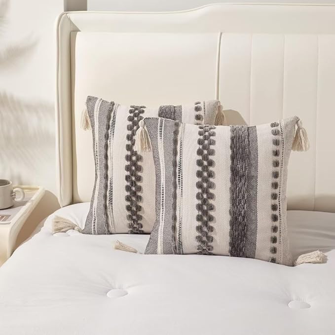 Boho Throw Pillow Covers 18x18 Set of 2 Woven Tufted Farmhouse Pillows Cover with Tassels Textured Striped Cushion Case Neutral Pillow Cases Decorative Pillowcase for Sofa Couch Bed,Gray