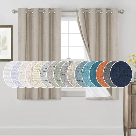 PrinceDeco Linen Blackout Curtains 100% Blackout Curtains for Bedroom Grommet Room Darkening Curtains & Drapes Thermal Insulated White Liner Noise Reducing Window Treatment Drapes,52" W x 54" L,Stone