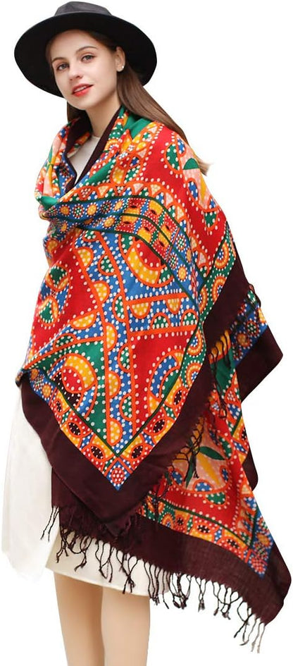 DANA XU 100% Merino Wool Pashmina Shawl for Women 96"x43", Oversized Cashmere Wrap with Tassels, Floral Travel Blanket Cape