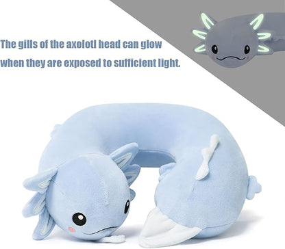Niuniu Daddy Blue Axolotl Kids Travel Pillow Road Trip Essentials for 3-8 Y/O, Soft Memory Foam Kids Neck Pillow for Airplane Car Travel Portable Cervical Pillow with Boys Girls for Long Trip