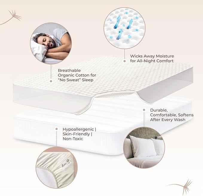 100% Cotton Organic Mattress Protector - Breathable & Cooling Mattress Protector Queen Size - Premium 300GSM Quilted and Noiseless Machine Washable Organic Cotton Mattress Protector (Ivory, Cal King)