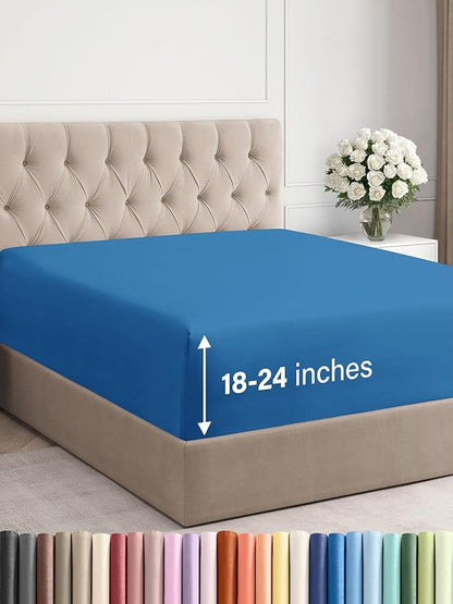 Extra Deep Cal King Fitted Sheet - Hotel Luxury Single Fitted Sheet Only - Easily Fits 18 inch to 24 inch Mattress - Ultra Soft, Wrinkle Free with Extra Deep Pockets - Breathable & Comfy - Royal Blue