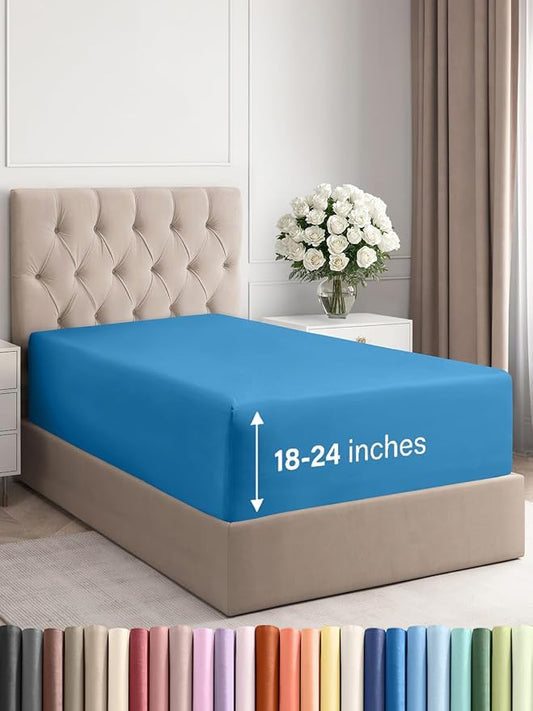 Extra Deep Twin Fitted Sheet - Hotel Luxury Single Fitted Sheet Only - Easily Fits 18 inch to 24 inch Mattress - Ultra Soft, Wrinkle & Fade Free w/Extra Deep Pockets - Breathable & Comfy - Denim Blue