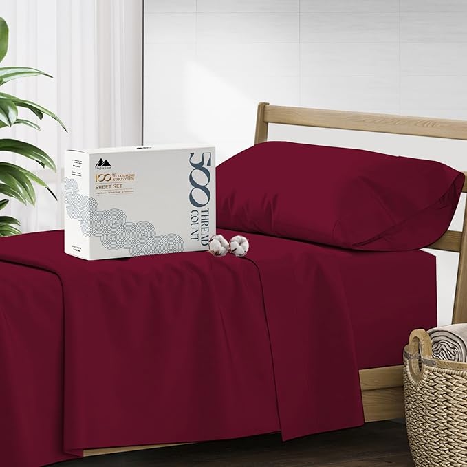 Mayfair Linen 500 Thread Count Twin XL Cotton Sheets - 3 PC Twin XL Size Bed Sheet Set Cotton (Burgundy), Cooling, Sateen Hotel-Quality 16" Deep Pocket Bedsheet for Hot Sleepers (Fits 18" Mattress)