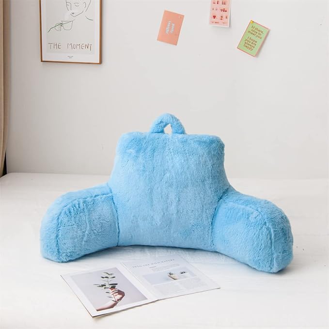 Holawakaka Reading Pillow for Sitting up in Bed Sofa Kids Teens, Backrest Pillow with Arms for Boys Girls Women Petites Pregnancy, Back Support Cushion for Couch Floor Nursery Playroom (Blue)
