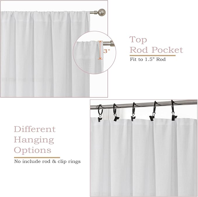 Simplebrand White Semi Sheer Faux Linen Textured Curtains 54 Inch Length 2 Panels Set, Rod Pocket Farmhouse Short Curtain Drapes for Dinning Small Windows Bathroom Bedroom, Each 40Wx54L in, White