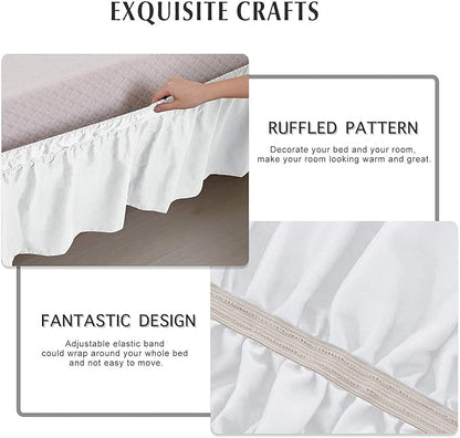 MEILA Wrap Around Bed Skirt Three Fabric Sides Elastic Dust Ruffled 14 Inch Tailored Drop,Easy to Install Fade Resistant-White, Twin/Full
