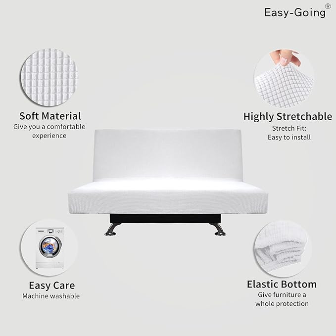 Easy-Going Stretch Futon Slipcover Armless Futon Bed Cover Furniture Protector Without Armrests with Elastic Bottom for Kids, Soft Jacquard Fabric Small Checks (Medium, Snow White)