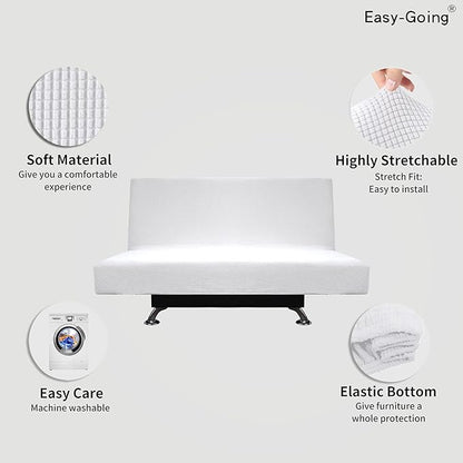 Easy-Going Stretch Futon Slipcover Armless Futon Bed Cover Furniture Protector Without Armrests with Elastic Bottom for Kids, Soft Jacquard Fabric Small Checks (Medium, Snow White)