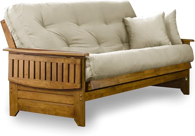 Nirvana Futons Brentwood Tray Arm Futon Sofabed Set - Queen Frame, 8" Thick Ivory Mattress, Rich Heritage Finish