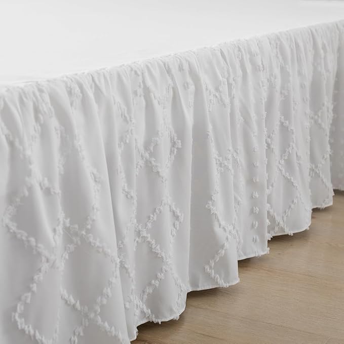 Bed Skirt Full Size Ruffled Bed Skirt with Split Corners, 14 Inch Drop Dust Ruffle Bed Skirts with Platform, Boho Tufted Shabby Chic Full Size Bed Skirts, White