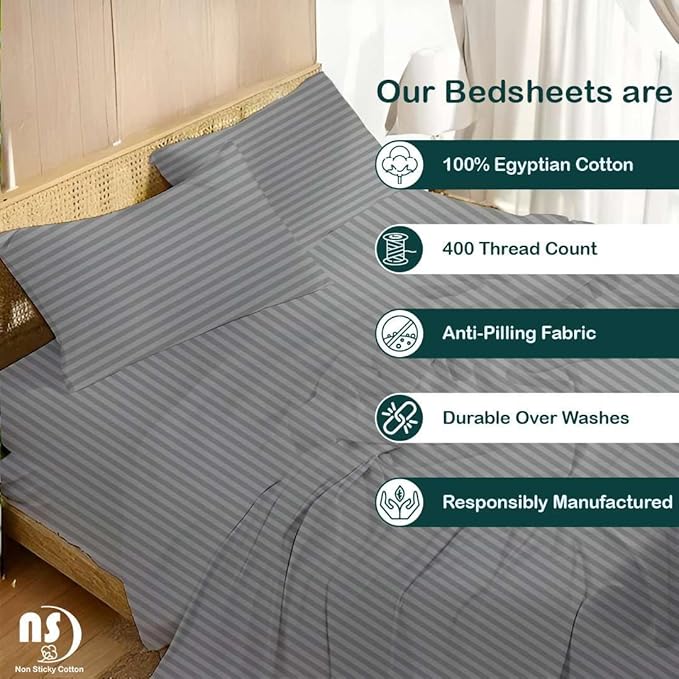 NON Sticky cotton Queen Size Sleeper Sofa Sheets, 4 Piece Egyptian Cotton Bed Sheet Set for Sofa Bed, 8" Deep Pocket for Pull Out Couch Mattress, 60" x 75", Light Grey Stripe, Soft & Breathable