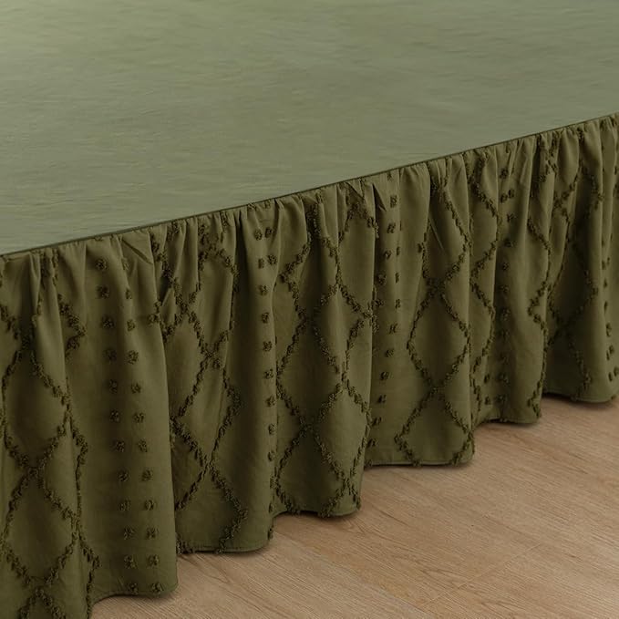 Bed Skirt King Size Ruffled Bed Skirt with Split Corners, 16 Inch Drop Dust Ruffle Bed Skirts with Platform, Boho Tufted Shabby Chic King Size Bed Skirts, Olive Green