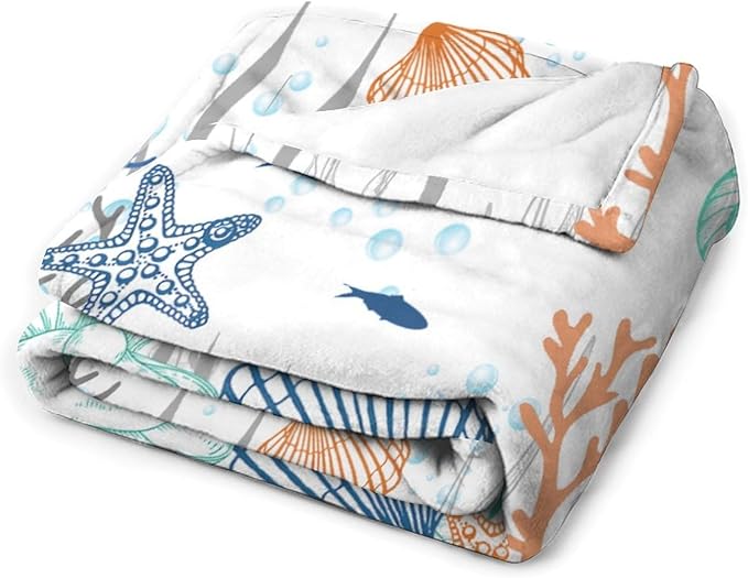 Nautical Coastal Blanket, Starfish Seashell Coral Beach Themed Drapes Ocean Orange Blue Teal Conch Print Throw Blankets for Sofa Couch Bed Room Birthday Decor, 40"x50"