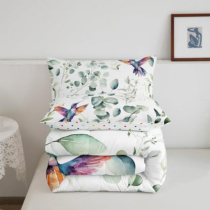 Erosebridal Cartoon Hummingbird King Size Comforter Set Toddler Wildlife Bird Bedding Set, Spring Plant Down Comforter Eucalyptus Leaf Bed Set, Jungle Animal Theme Quilted Duvet Kids Room Decor