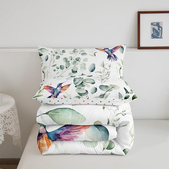 Erosebridal Cartoon Hummingbird Bedding Toddler Size Wildlife Bird Comforter Set, Plant Duvet Insert Eucalyptus Leaf Quilt Comforter, Jungle Animal Theme Bedding Comforters & Sets Kids Room Decor