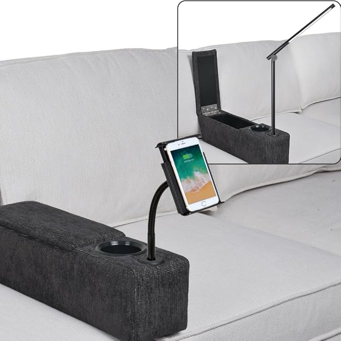 Multifunctional Sofa Armrest, Couch Armrest with Cup Holder, Removable Sofa Caddy with Storage,Equipped with LED Reading Light&Wireless Charge Stand, Black