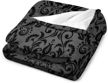 Black Damask Blanket, Antique Victorian Style Gothic Vintage Black Floral Bohemian Exotic Print Blanket for Sofa Bed Decor Fuzzy Blanket Twin, 60"x80"