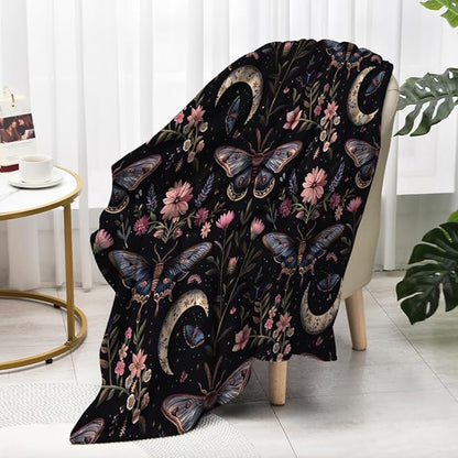 Moon Moth Throw Blanket 60"x80" Soft Cozy Lightweight Flannel,Mystical Night Garden Botanical Celestial Blankets Gifts for Women Gothic Witchy Blanekts for Couch Office Travel Home Decor