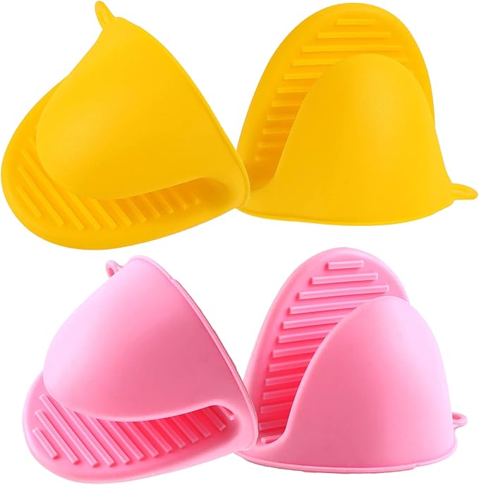 2 Pairs Mini Oven Gloves Silicone Heat Resistant Cooking Pinch Mitts Potholder for Kitchen Cooking & Baking (Yellow and Pink)