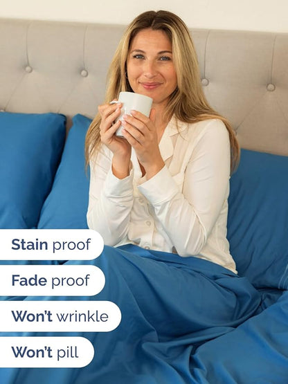 Extra Deep Pocket Split King Sheets - 5 Piece Breathable & Cooling Bed Sheets - Hotel Luxury Bed Sheet Set - Soft, Wrinkle Free & Comfy - Easily Fits Extra Deep Mattresses - Denim Blue Sheets Set