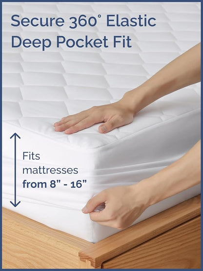 Quilted Fitted Mattress Pad Queen Size - Elastic Fitted Mattress Topper Protector & Cover - Breathable, Soft, Low Profile Top Cover with 8-16 Inch Deep Pockets - Easy-Fit & Machine Washable - White