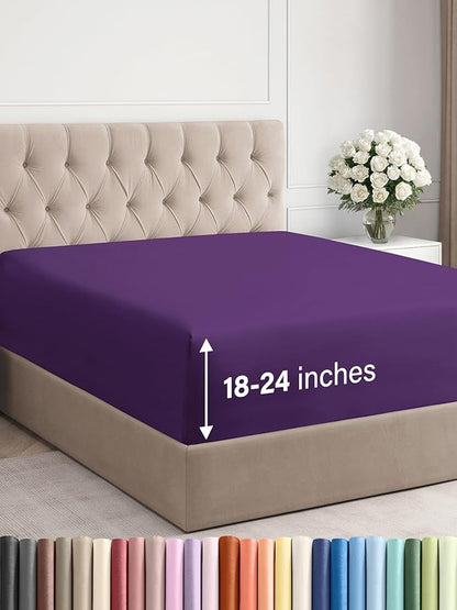 Extra Deep Queen Fitted Sheet - Hotel Luxury Single Fitted Sheet Only - Easily Fits 18 inch to 24 inch Mattress - Ultra Soft, Wrinkle & Fade Free with Extra Deep Pockets - Breathable & Comfy - Purple