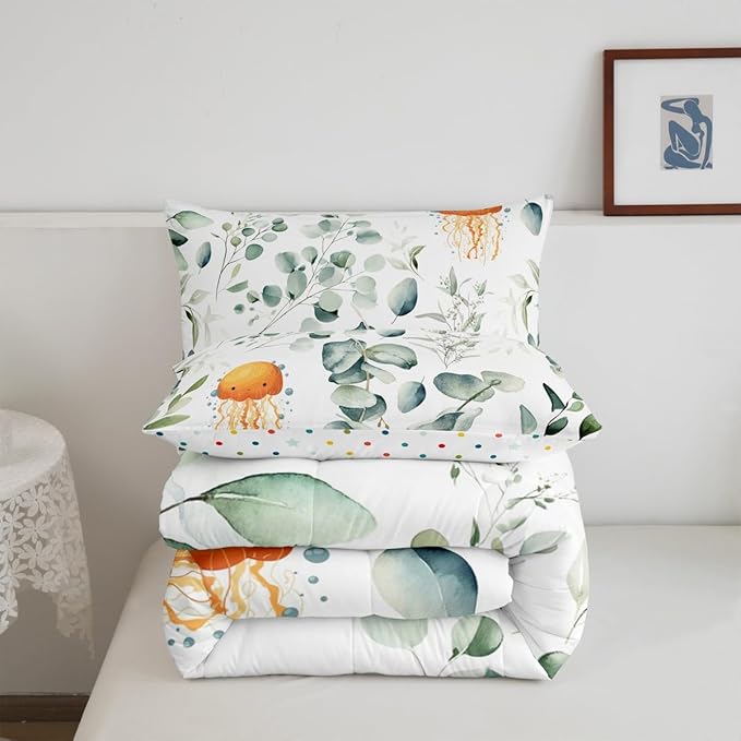 Erosebridal Kawaii Jellyfish King Comforter Set for Boys Girls Cartoon Animal Bedding Set King, Eucalyptus Leaves Bedding Comforter Sets Ocean Wildlife Duvet Set, Tropical Plants Quilted Comforter