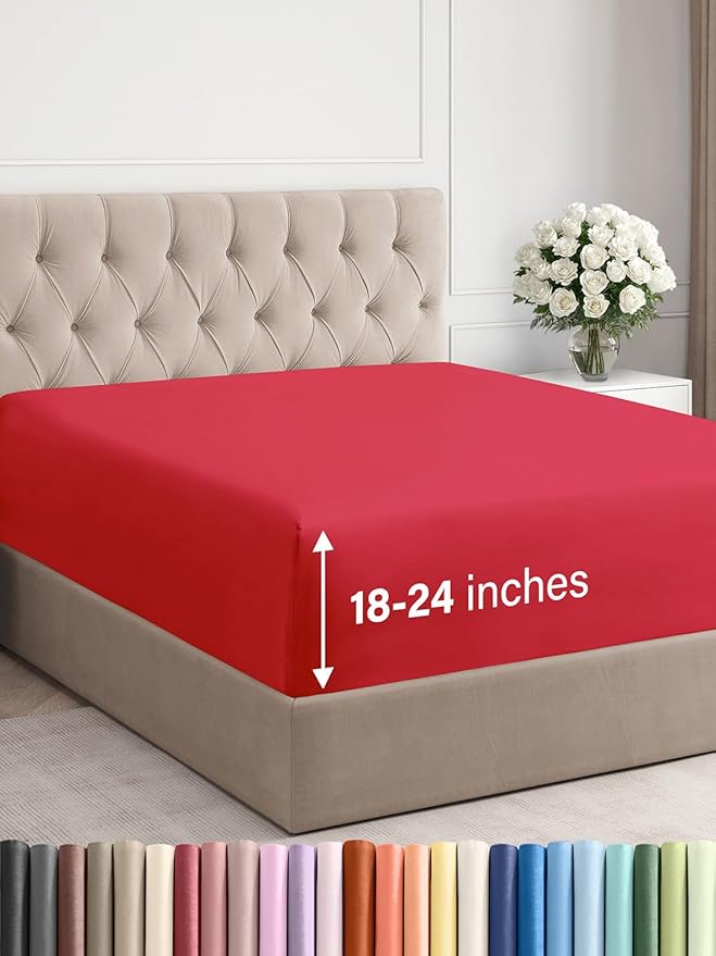 Extra Deep King Fitted Sheet - Hotel Luxury Single Fitted Sheet Only - Easily Fits 18 inch to 24 inch Mattress - Ultra Soft, Wrinkle Free with Extra Deep Pockets - Easy-Care, Breathable & Comfy - Red