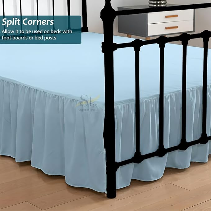 Shreem Linen Ruffled Bed Skirt with Split Corners, Gathered Style, 100% Microfiber, 10-Inch Drop, Dust Ruffle Bedskirt with Platform, Short Queen, Light Blue
