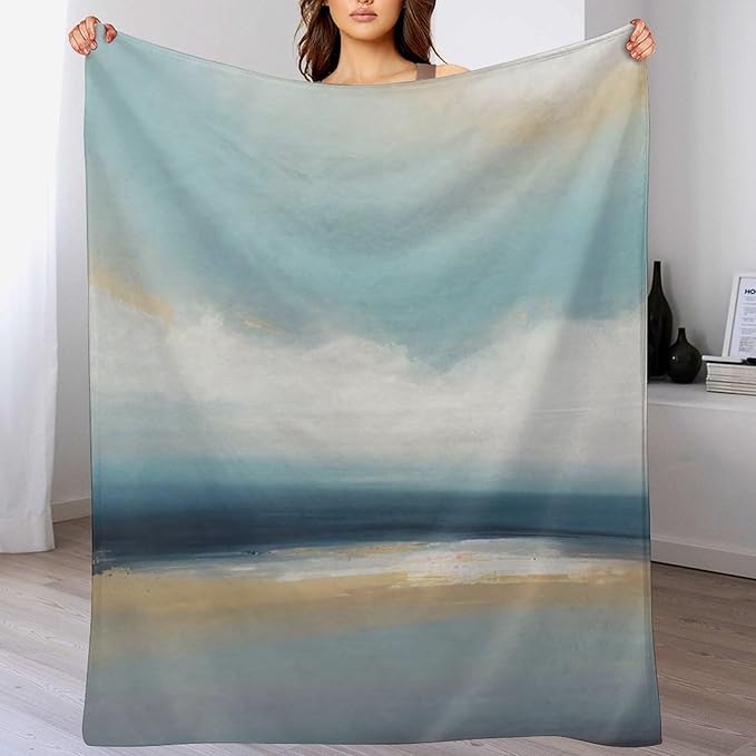 Fashion Gradient Blanket, Modern Art Abstract Blue Sea View Painting Strokes Pattern Soft Warm Cozy Plush Flannel Covers for Livingroom Bedroom Couch Chair Camping Travel Home Decor Tapestry 40x50in