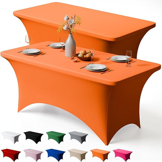 Trlyc 2 Pack 4FT Spandex Table Cloth - 48 x 30 Inch Rectangular Stretch Tablecloth, Wrinkle Resistant Scretch Table Cover for Wedding, Party, Banquet, Picnic, Outdoor Decoration (2Pcs,Orange)