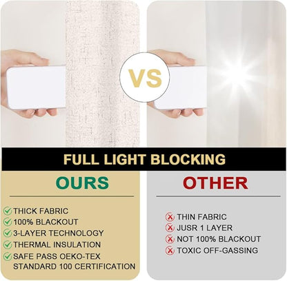 PrinceDeco 100% Blackout Curtains 63 Inch Length for Bedroom Faux Textured Linen Look Window Curtains Sun Heat Blocking Linen Curtains Thermal Insulated Burlap Curtain & Drapes, Set of 2, Ivory