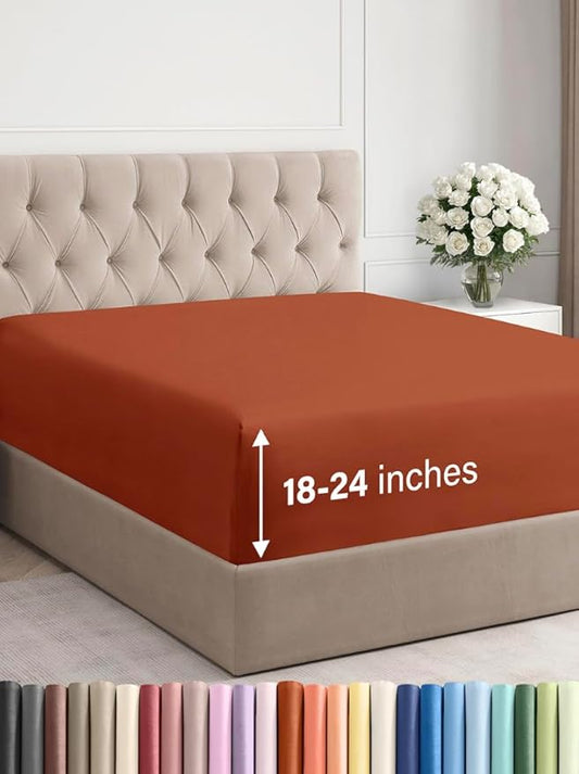 Extra Deep Queen Fitted Sheet - Hotel Luxury Single Fitted Sheet Only - Easily Fits 18 inch to 24 inch Mattress - Ultra Soft, Wrinkle & Fade Free w/Extra Deep Pocket - Breathable & Comfy - Terracotta
