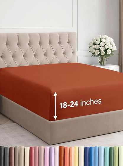 Extra Deep Cal King Fitted Sheet - Hotel Luxury Single Fitted Sheet Only - Easily Fits 18 inch to 24 inch Mattress - Ultra Soft, Wrinkle Free with Extra Deep Pockets - Breathable & Comfy - Terracotta