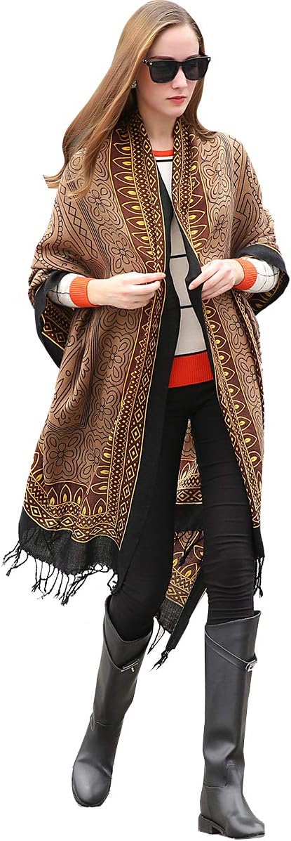 DANA XU 100% Merino Wool Pashmina Shawl for Women 96"x43", Oversized Cashmere Wrap with Tassels, Floral Travel Blanket Cape