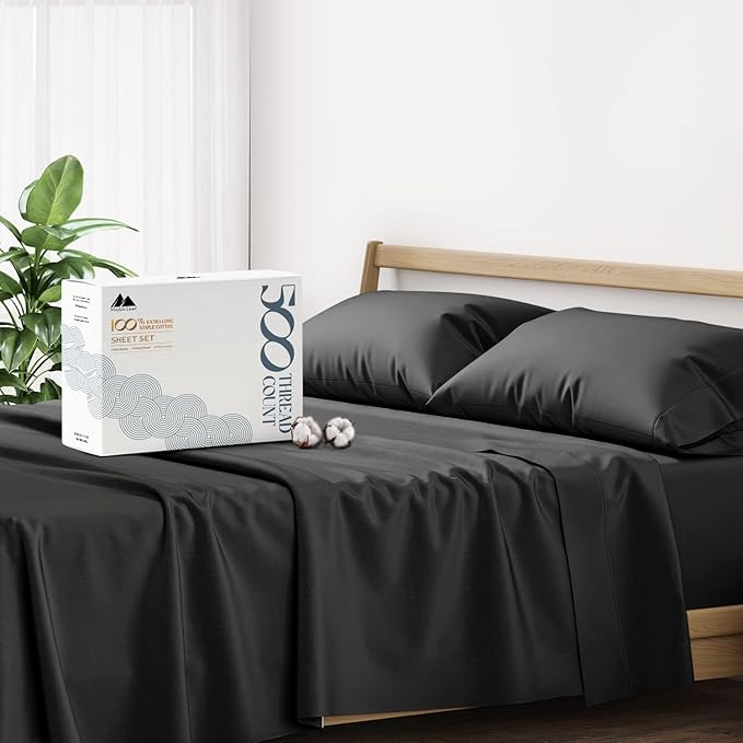 Mayfair Linen 500 Thread Count California King Cotton Sheets - 4 PC Cal King Size Bed Sheet Set Cotton (Black), Cooling, Sateen Weave 16" Deep Pocket Bedsheet for Hot Sleepers (Fits 18" Mattress)