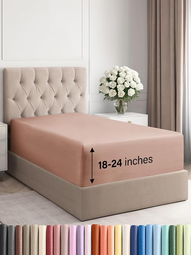 Extra Deep Twin XL Fitted Sheet - Hotel Luxury Single Fitted Sheet Only - Easily Fits 18 inch to 24 inch Mattress - Ultra Soft, Wrinkle & Fade Free w/Extra Deep Pockets - Breathable & Comfy - Mauve