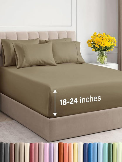 Extra Deep Cal King Sheet Set - 6 Piece Breathable & Cooling Sheets - Hotel Luxury Bed Sheets Set - Easy & Secure Fit - Soft, Wrinkle Free & Comfy Sheets Set - Khaki Sheet Set with Extra Deep Pockets