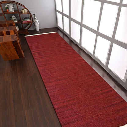 Rugsotic Carpets Hand Woven Flat Weave Kilim Wool 2'6''x6' Runner Area Rug Solid Burgundy D00111