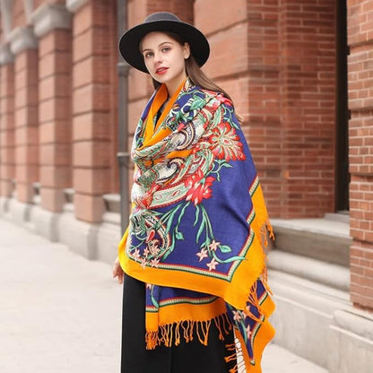 DANA XU 100% Merino Wool Extra Large Pashmina Blanket Travel Scarf Cashmere Wrap for Women Fall Winter Oversize Shawl Floral