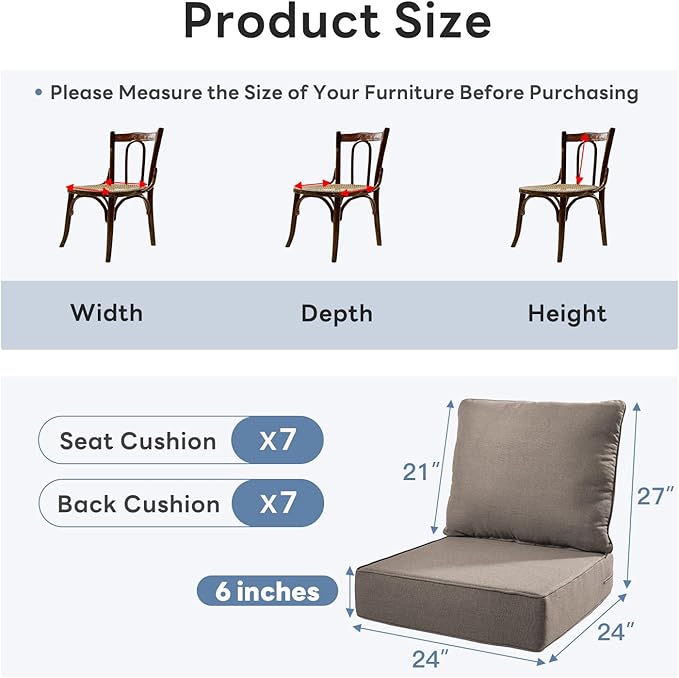 6" Thicker Outdoor Chair Cushion 7 Sets - 24" *24" *6" Waterproof Patio Furniture Cushions with Removable Cover, 28D High Density Sponge Filling Thicken Outdoor Patio Cushions - Grey