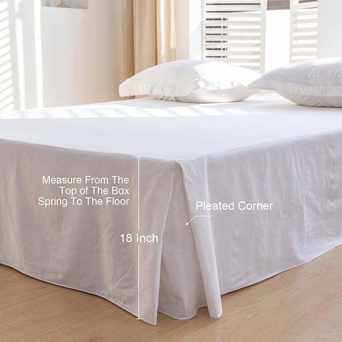 BISELINA French Linen Bed Skirt with Pleated Corner 18-Inch Tailored Drop Natural Flax Cotton Blend Basic Dust Ruffle Soft Cozy Farmhouse Bedding (18" Queen, Basic White)