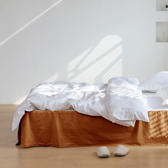 BISELINA French Linen Bed Skirt with Pleated Corner 14-Inch Tailored Drop Natural Flax Cotton Blend Basic Dust Ruffle Soft Cozy Farmhouse Bedding (14" Queen, Basic Rust)