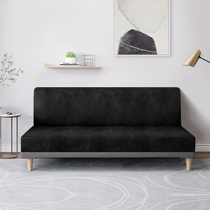 molasofa Leather Like Stretch Futon Slipcover Armless Futon Bed Sofa Cover Furniture Protector with Elastic Bottom, Soft and Washable Futon Cover for Sofa Bed Stay in Place（Medium，Black）