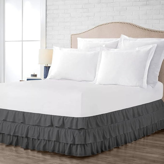Multi-Ruffle Bed Skirt, Soft Multi Elastic Dust Ruffles with Wrap Around Bed Skirt Easy Fit with 18 Inch Drop 100% Cotton 800 Thread Count (Full XXL, Dark Grey)