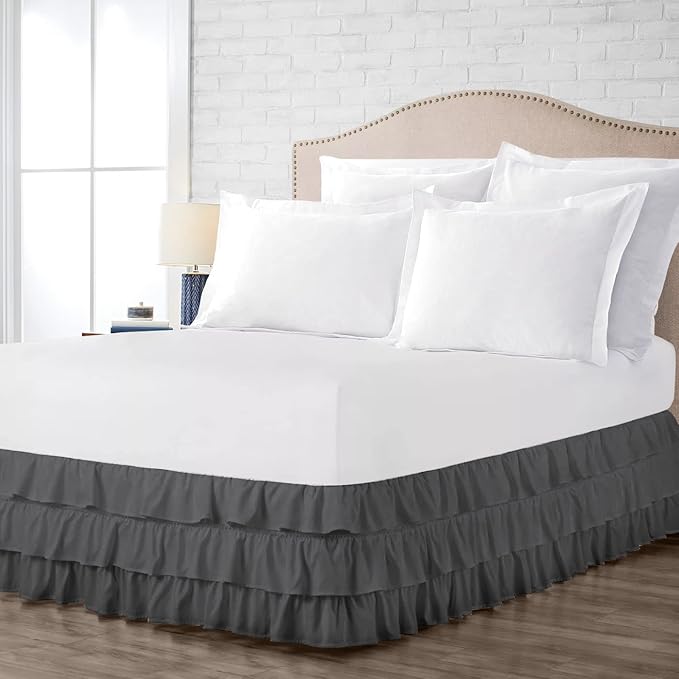 Multi-Ruffle Bed Skirt, Soft Multi Ruffle Bed Skirt Elastic Dust Ruffles with Wrap Around Bed Skirt Easy Fit with 18 Inch Drop 100% Cotton 800 Thread Count Bed Skirt (King XL, Dark Grey)